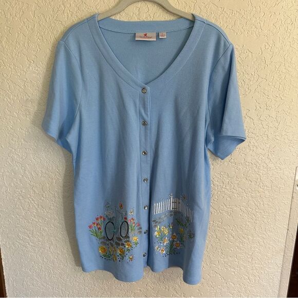 Quacker Factory Springtime Scenes V-Neck  Snap Up Cardigan‎ Light Blue Large - Picture 4 of 12